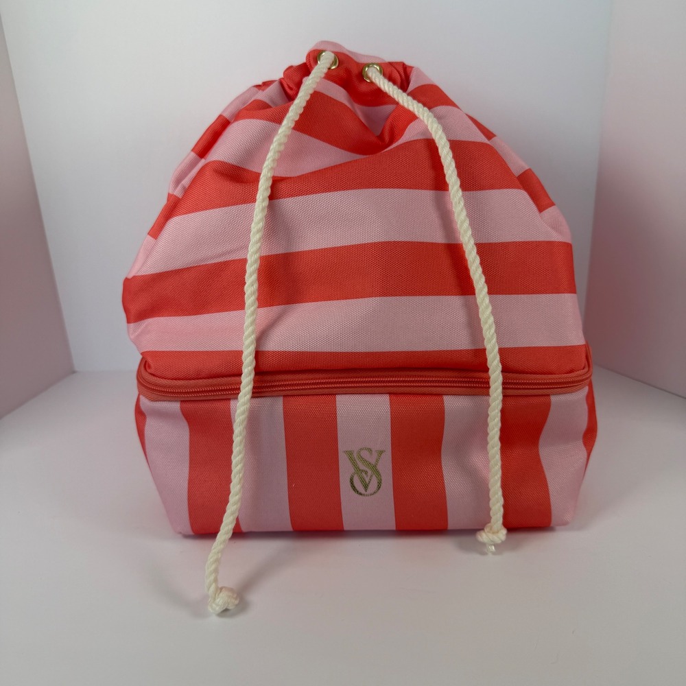 Victorias Secret Pink Orange Striped Drawstring Backpack Insulated Cooler Base